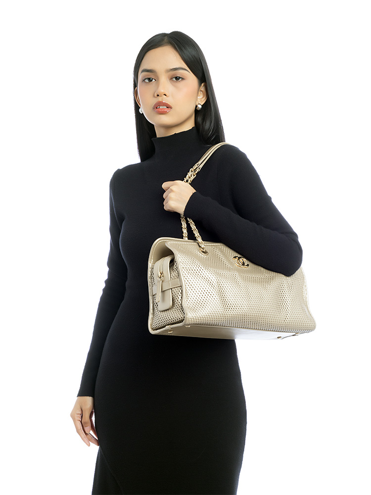 Metallic Calfskin Perforated Up In The Air Tote Light Gold