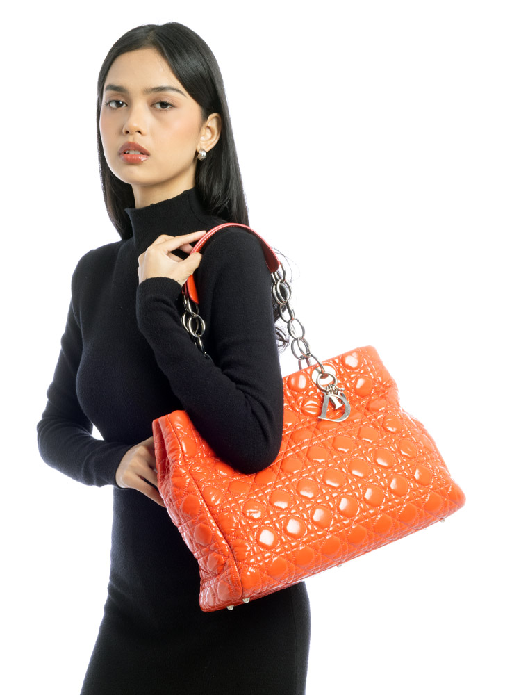 Patent Cannage Dior Soft Medium Tote Coral