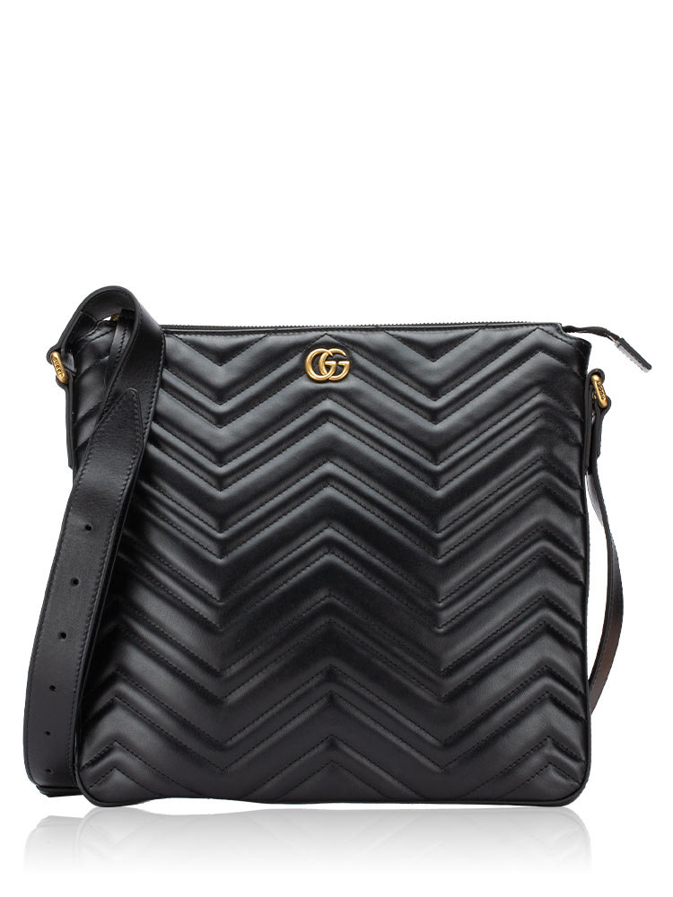 Calfskin GG Marmont Matelasse Flat Messenger Black