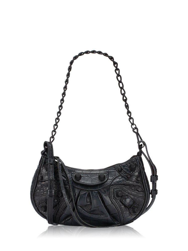  Supple Calfskin Croco Effect Le Cagole Mini Chain Crossbody Black