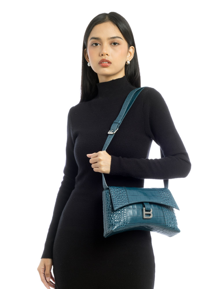 Croco Effect Downtown Hourglass XS Shoulder Bag Dark Petrol Blue