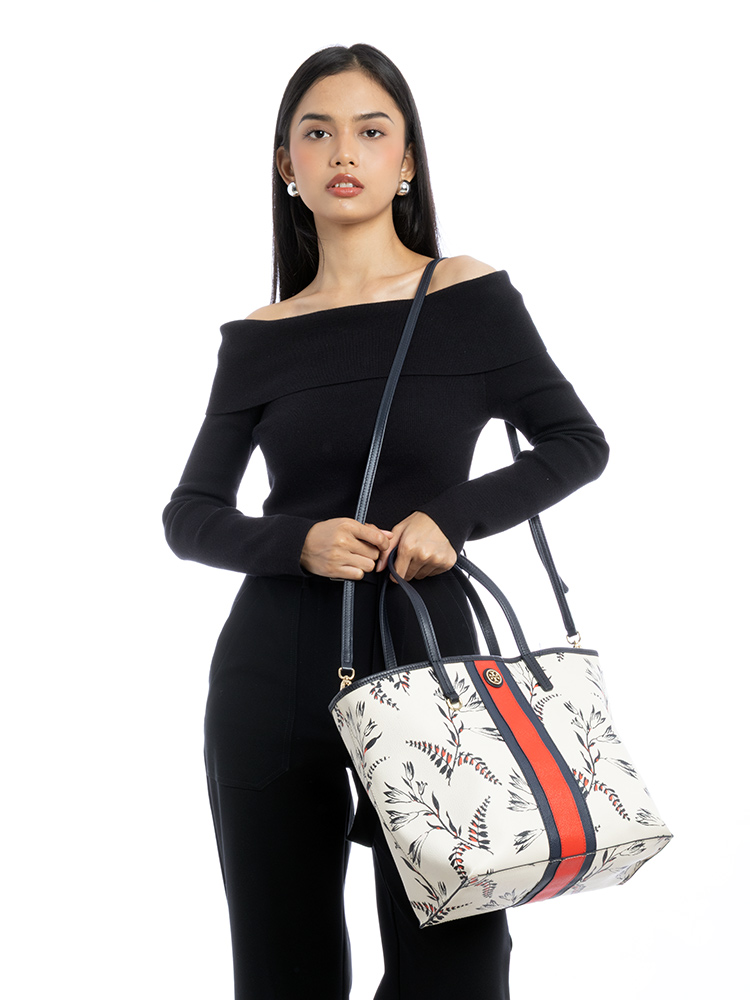Floral Stripe Tote White Red