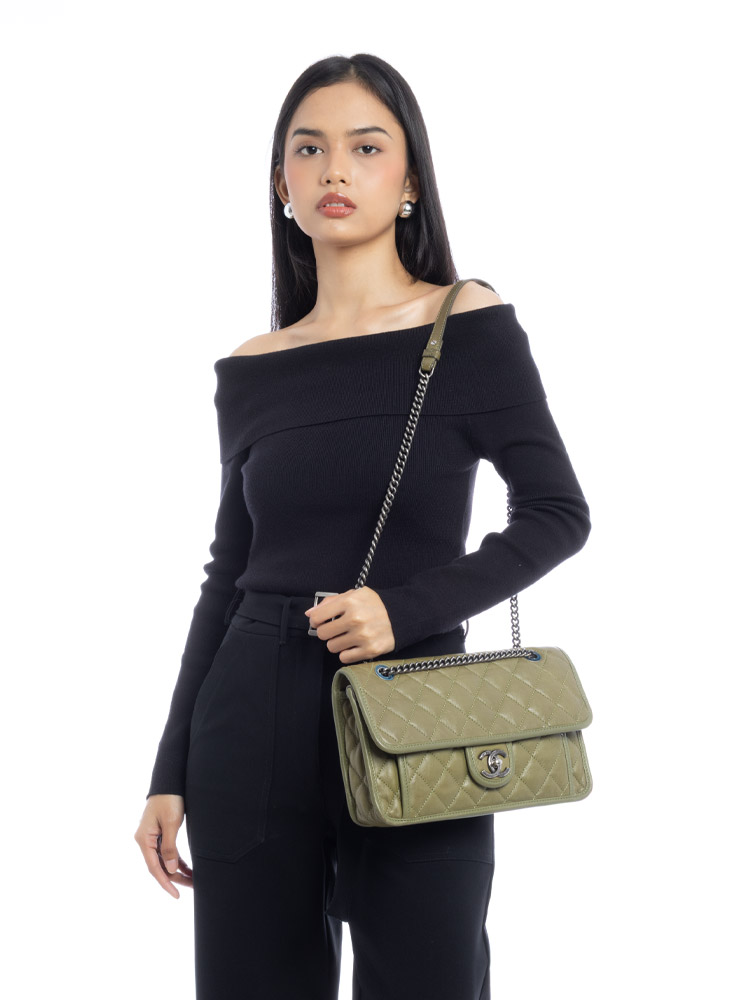 Calfskin French Riviera Medium Flap Bag Olive Green