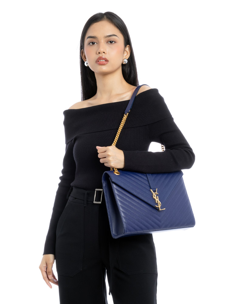 Grain De Poudre Monogram Envelope Large Shoulder Bag Navy Blue