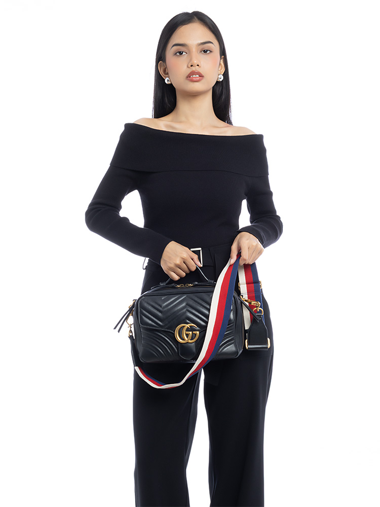 GG Marmont Matelasse Sylvie Web Small Top Handle Bag Black