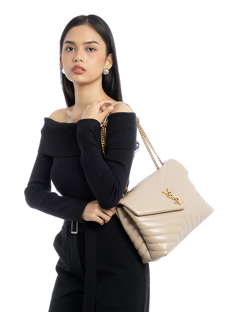Y Quilted Monogram Loulou Medium Chain Shoulder Bag Dark Beige