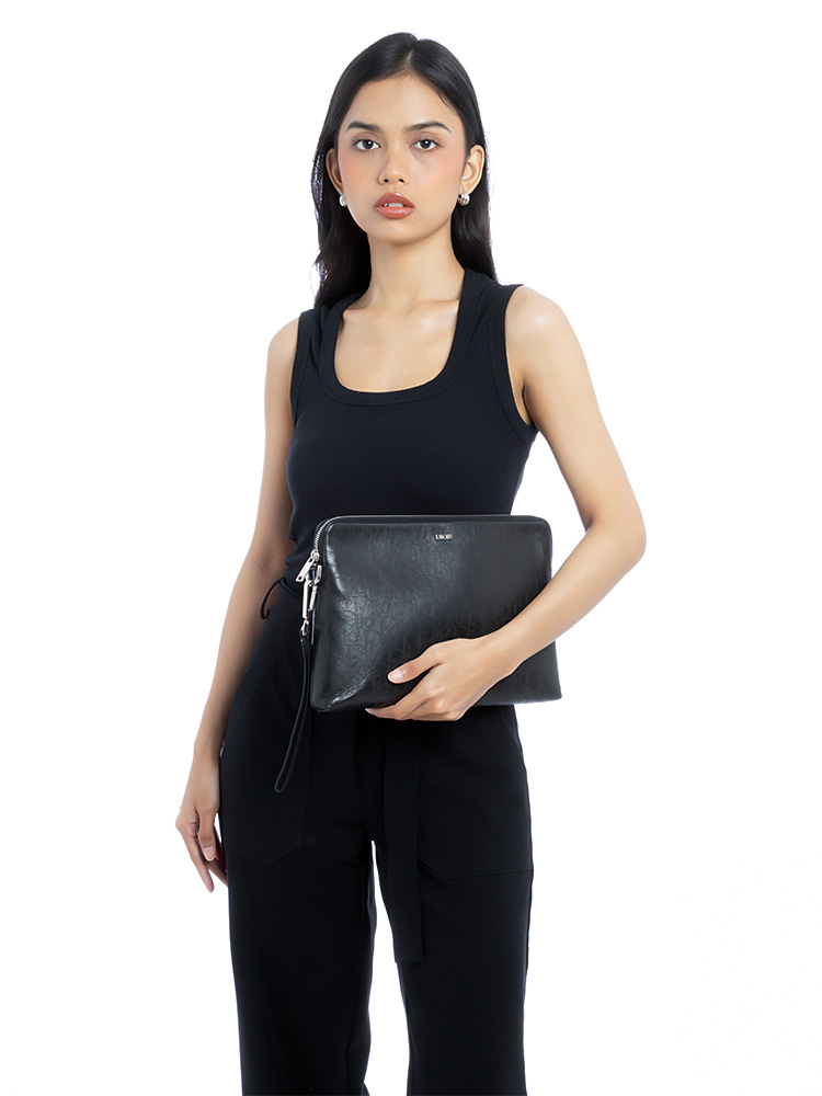 Calfskin Perforated Oblique Galaxy Pouch Black