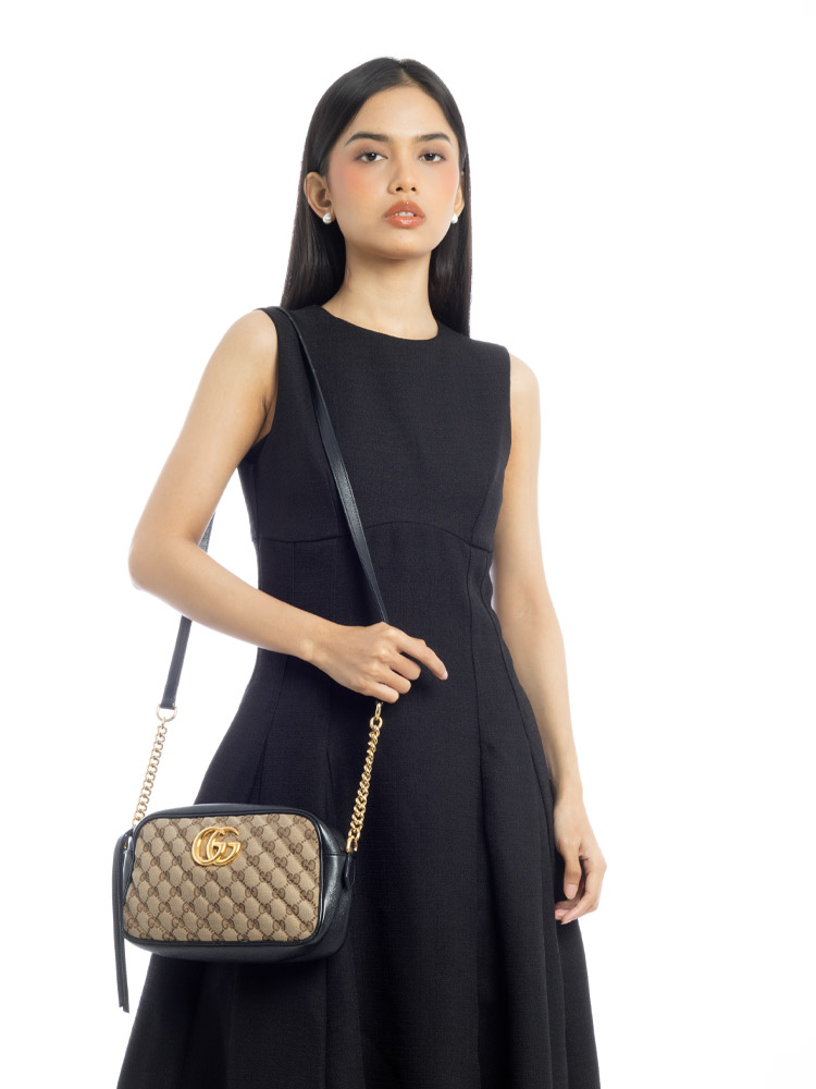 Canvas Matelasse GG Marmont Small Camera Bag Beige Black