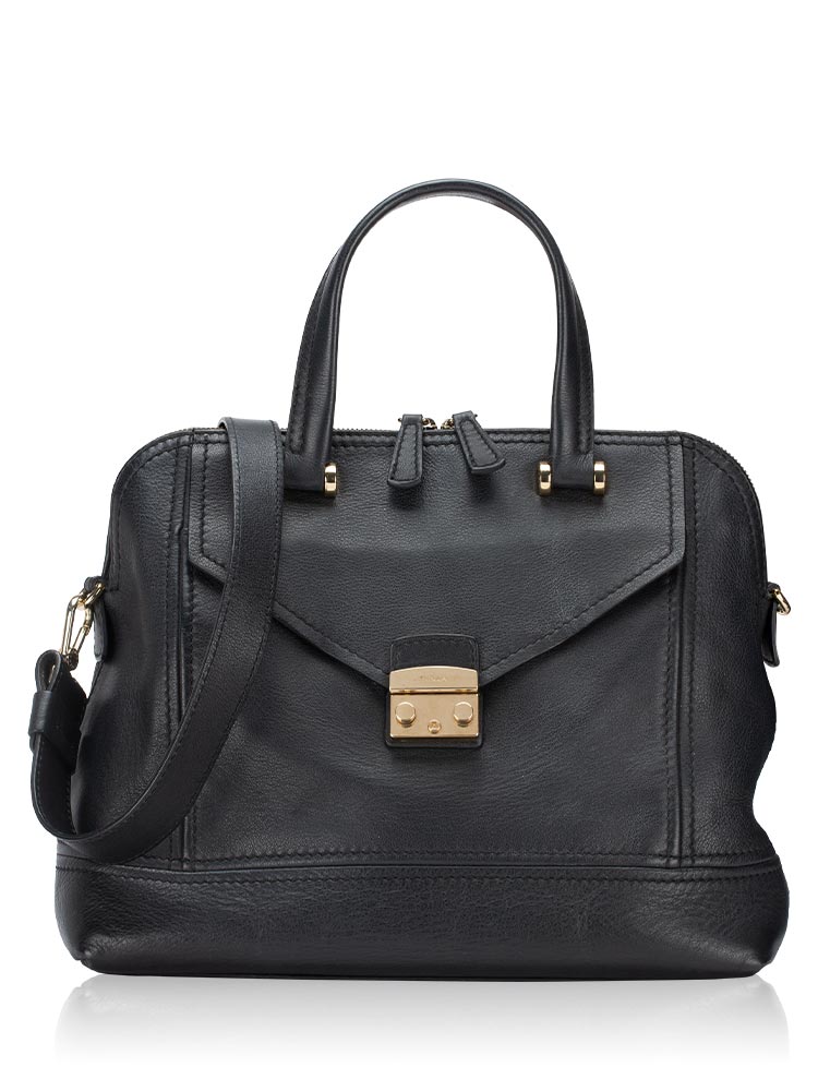 Leather Front Pocket Dome Satchel Black