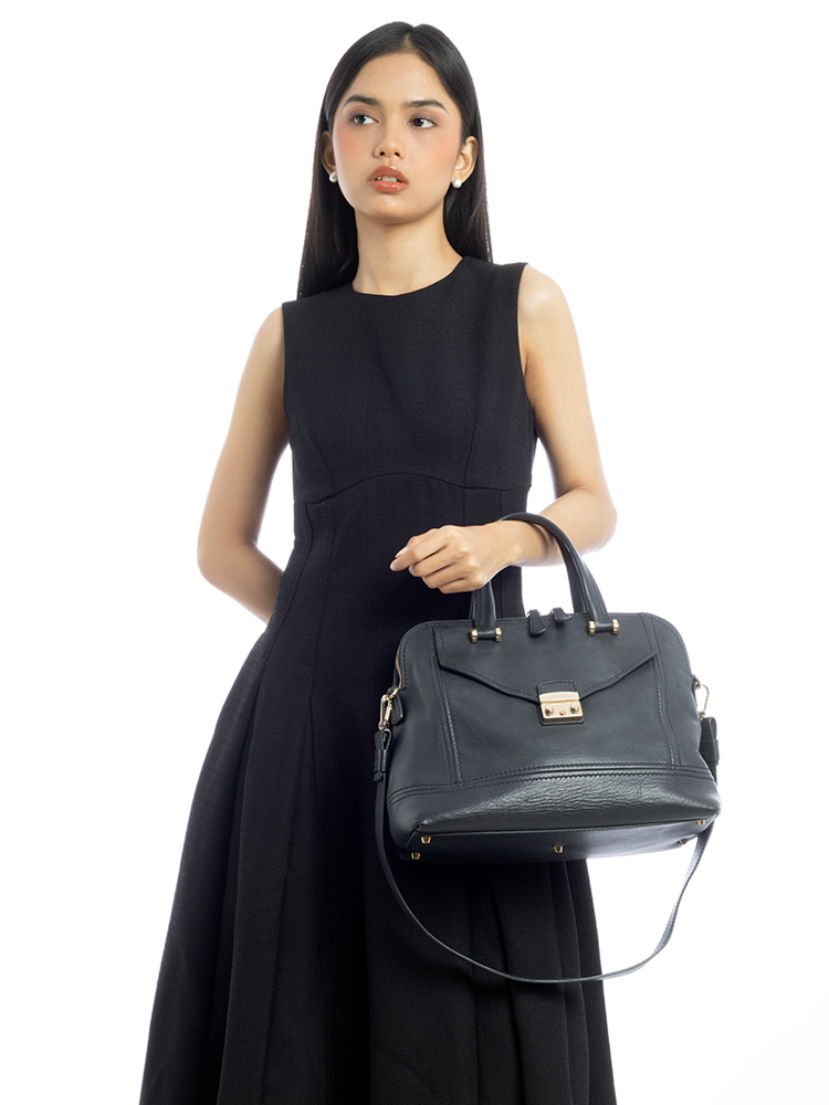 Leather Front Pocket Dome Satchel Black