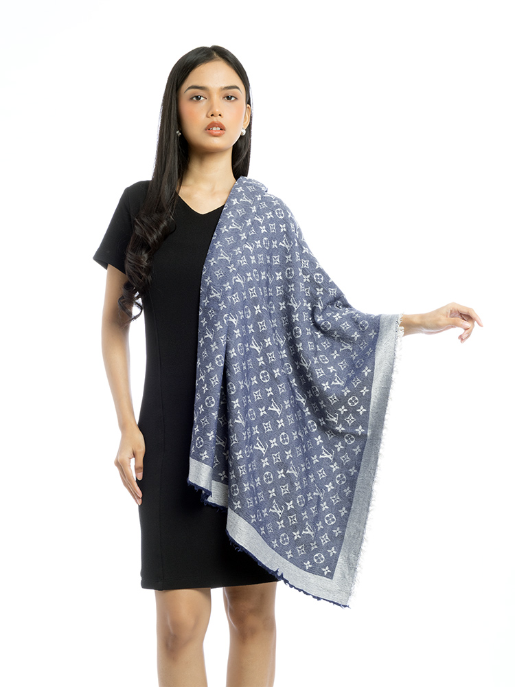 Silk Monogram Shawl Denim Blue