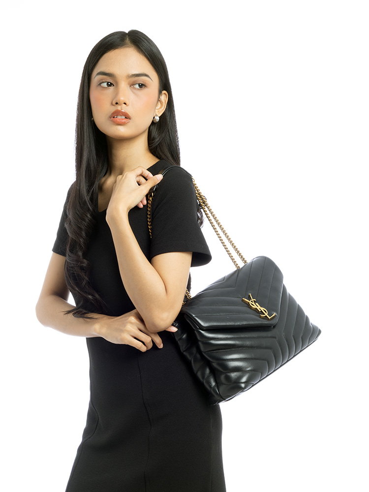 Calfskin Y Quilted Monogram Loulou Medium Shoulder Bag Black