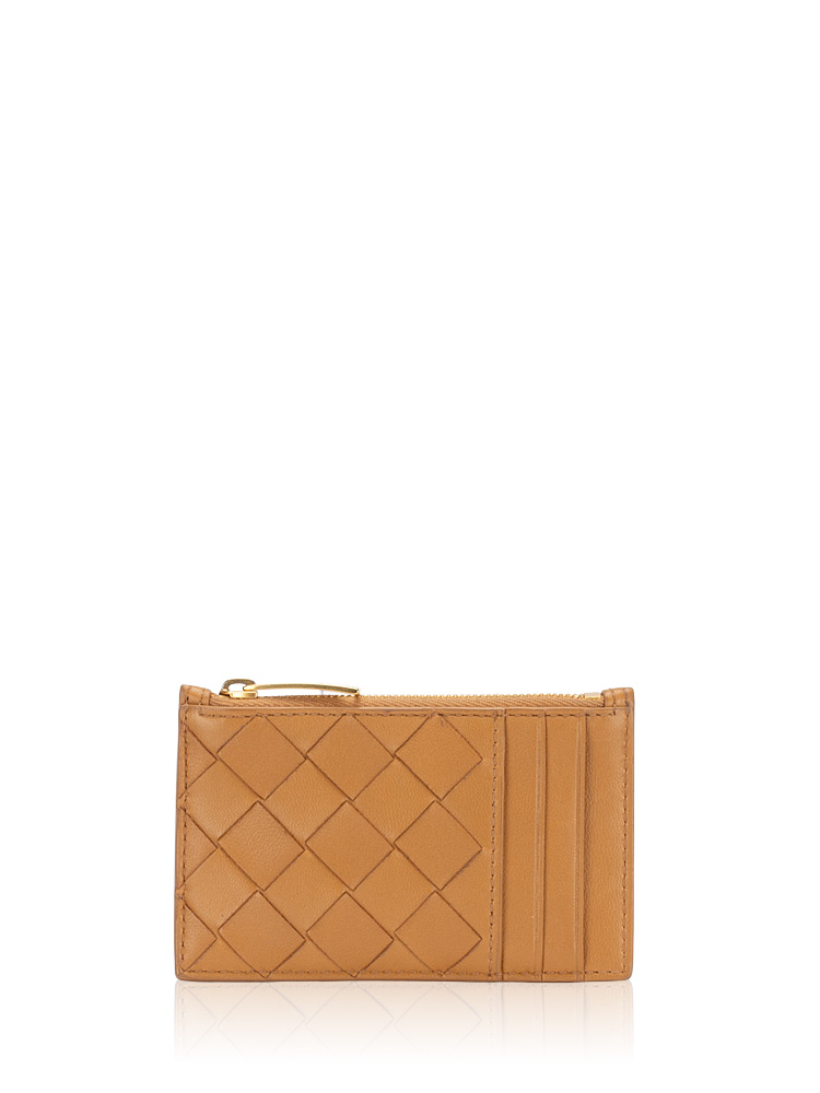 Lambskin Intrecciato Zip Card Holder Caramel