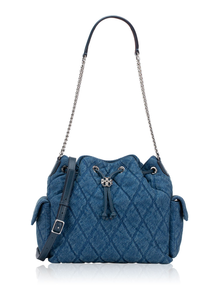 Quilted Denim Charlie Drawstring Shoulder Bag Blue