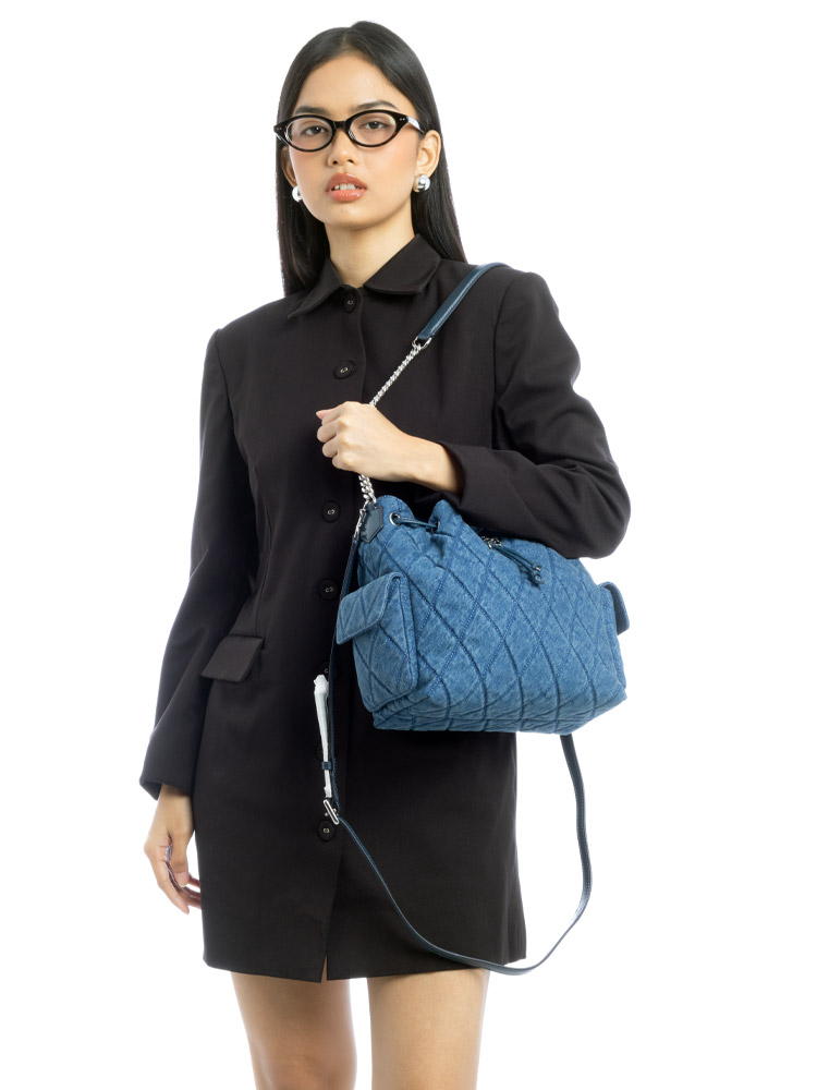 Quilted Denim Charlie Drawstring Shoulder Bag Blue