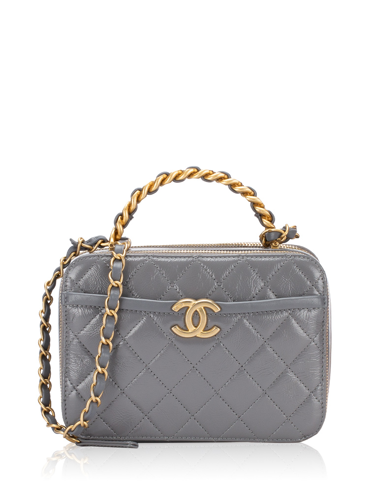 Shiny Calfskin Top Handle Vanity Case Gray