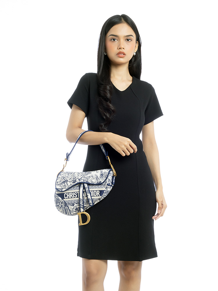 Toile de Jouy Embroidered Saddle Bag Blue