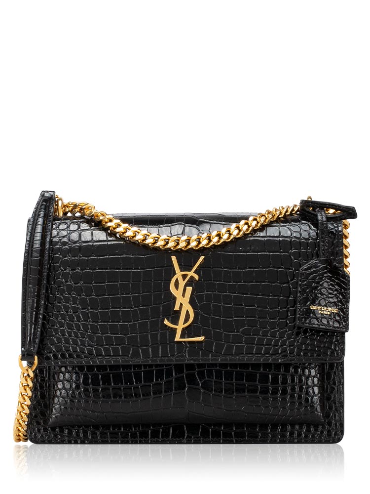Croco Embossed Monogram Sunset Medium Shoulder Bag Black