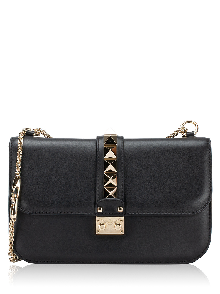 Vitello Rockstud Glam Lock Medium Flap Bag Black