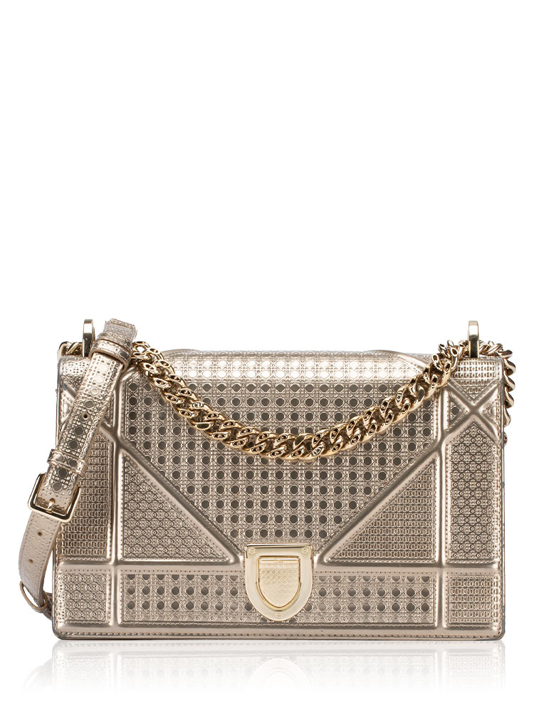 Metallic Micro-Cannage Diorama Medium Flap Shoulder Bag Gold