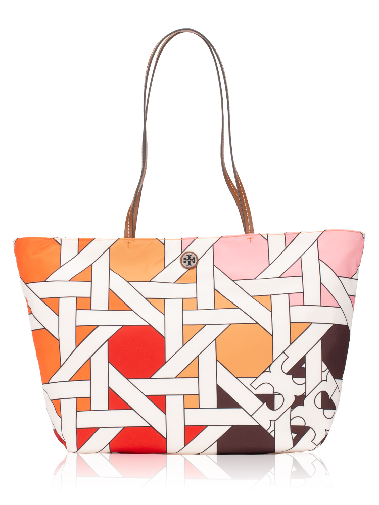 Basketweave Colorblock Nylon Printed Tote Pink Red