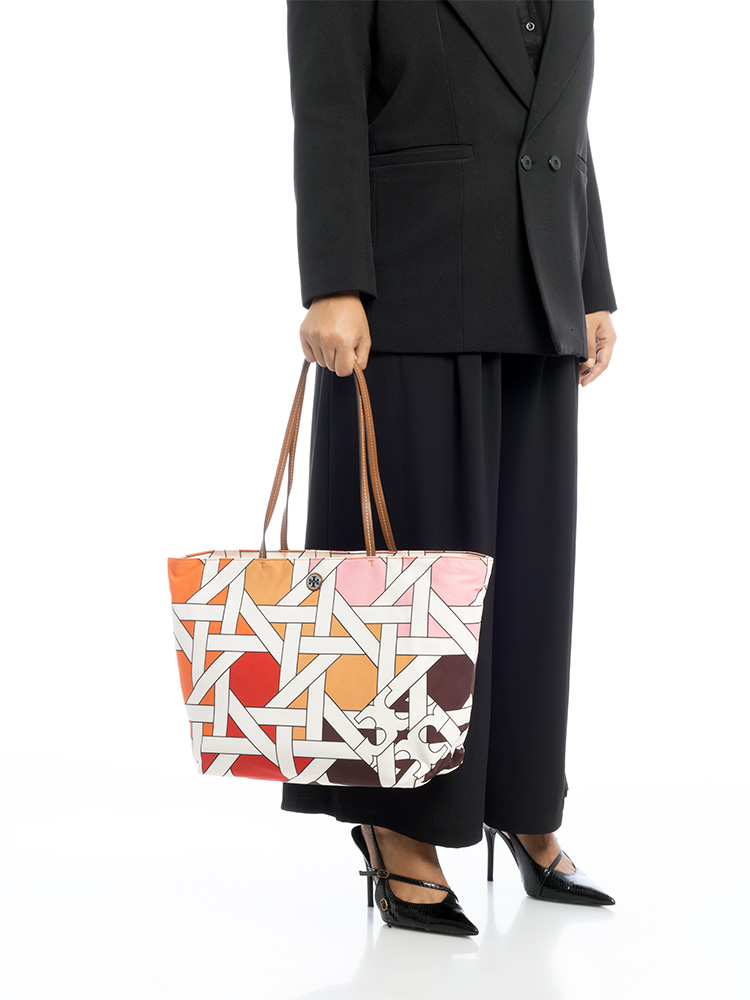 Basketweave Colorblock Nylon Printed Tote Pink Red