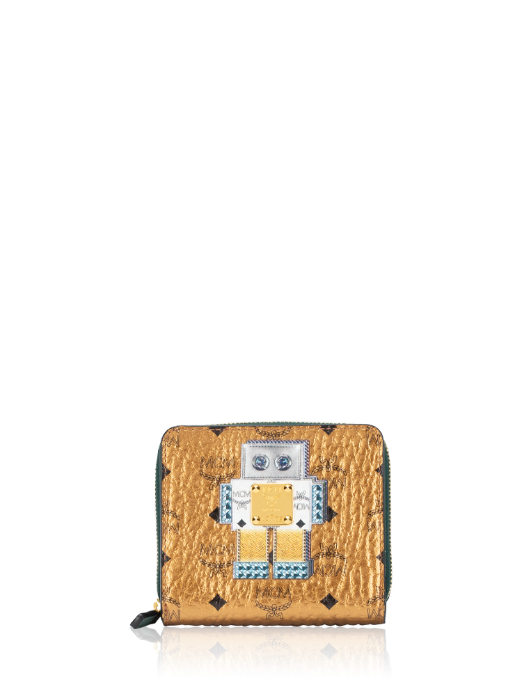 Metallic Coated Canvas Robot Zip Mini Wallet Gold