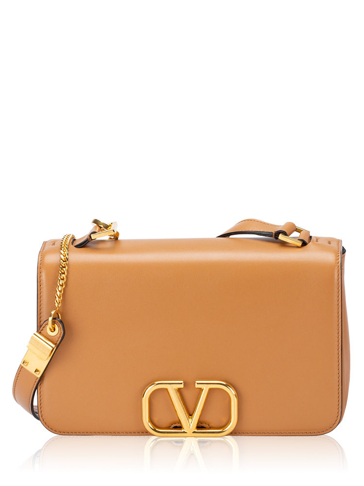 Calfskin VLogo Signature Foldover Shoulder Bag Brown
