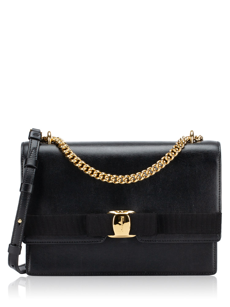 Calfskin Vara Bow FL Chain Shoulder Bag Nero