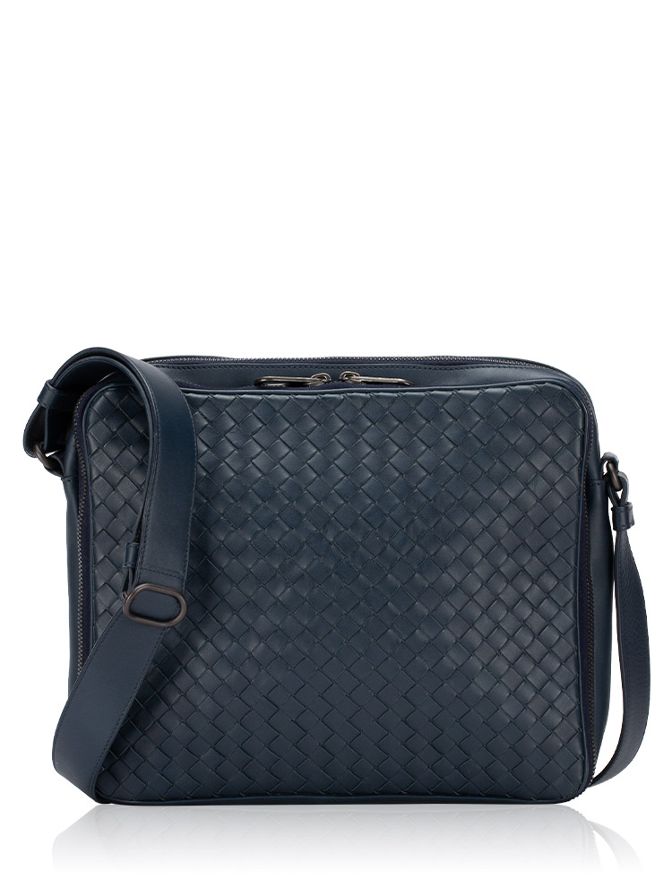 Nappa Intrecciato Double Zip Messenger Navy