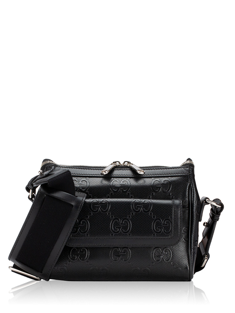 Calfskin GG Tennis Embossed Messenger with Wrist Strap Black