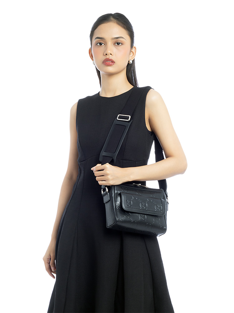 Calfskin GG Tennis Embossed Messenger with Wrist Strap Black