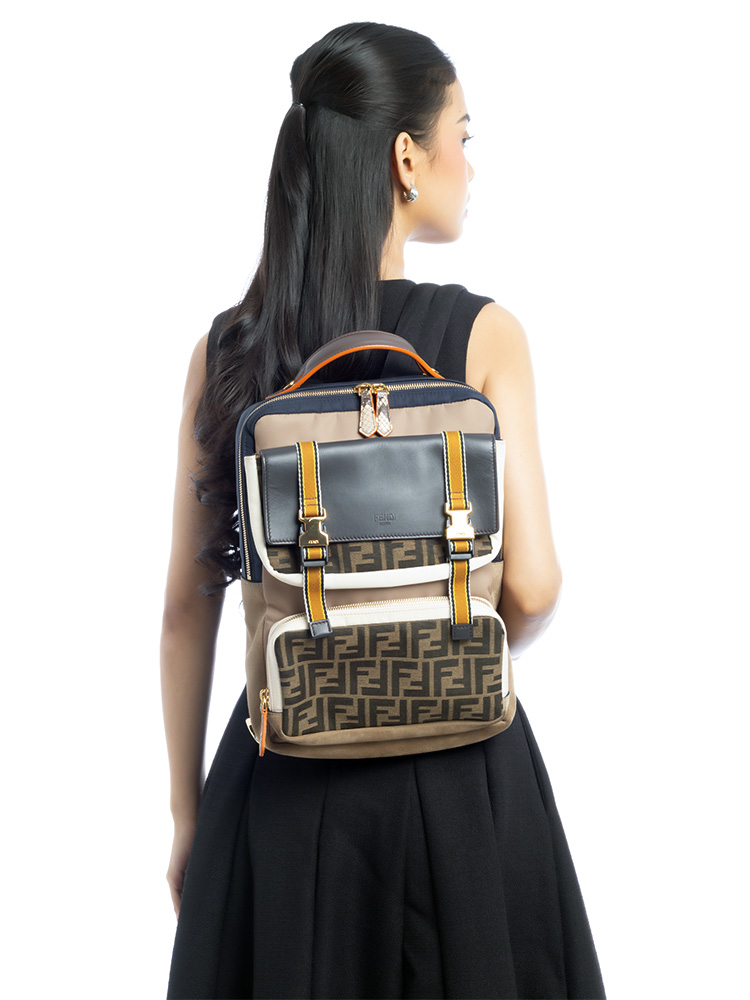 Nylon Zucca Suede Multi Pocket Medium Backpack Brown Multicolor