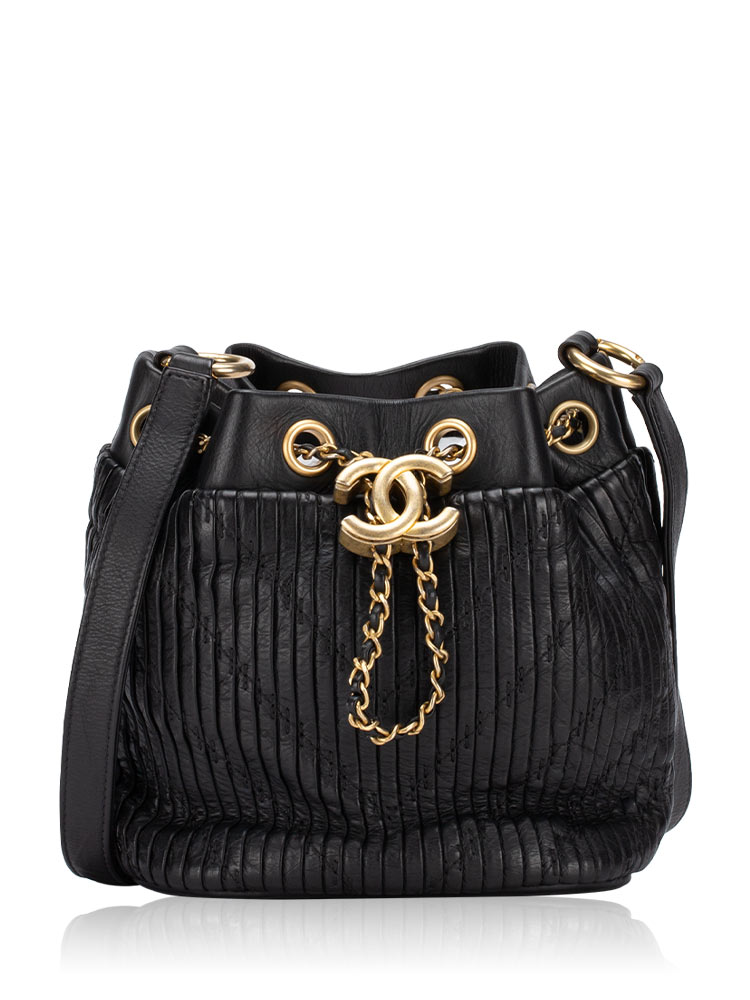 Calfskin Coco Pleats Small Drawstring Bucket Bag Black