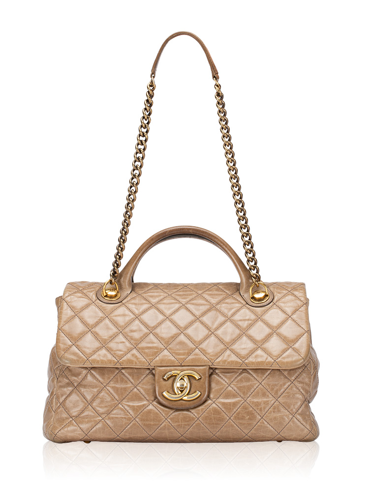 Glazed Calfskin Castle Rock Large Flap Bag Brown