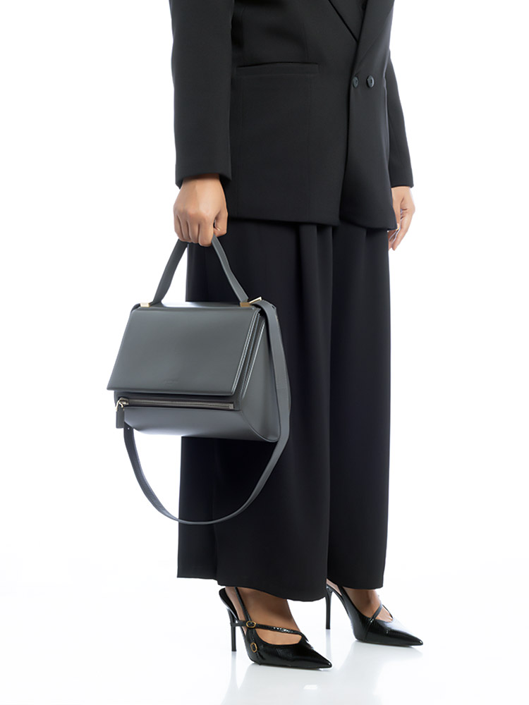 Textured Calfskin Pandora Box Medium Crossbody Grey