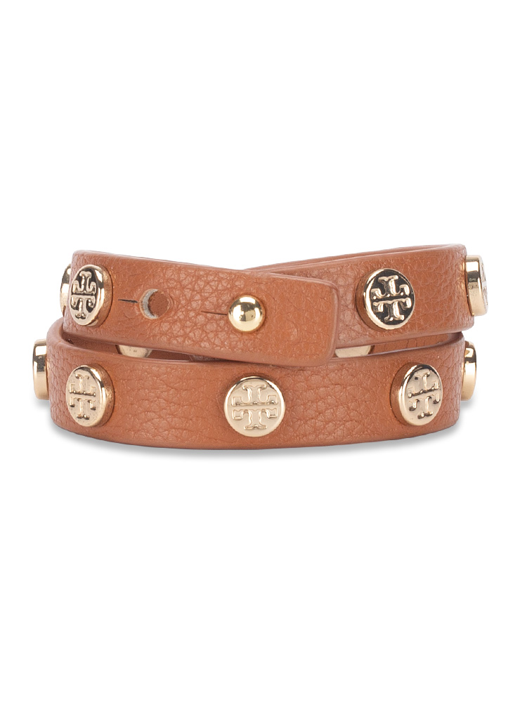 Leather Logo Stud Double Wrap Bracelet Brown