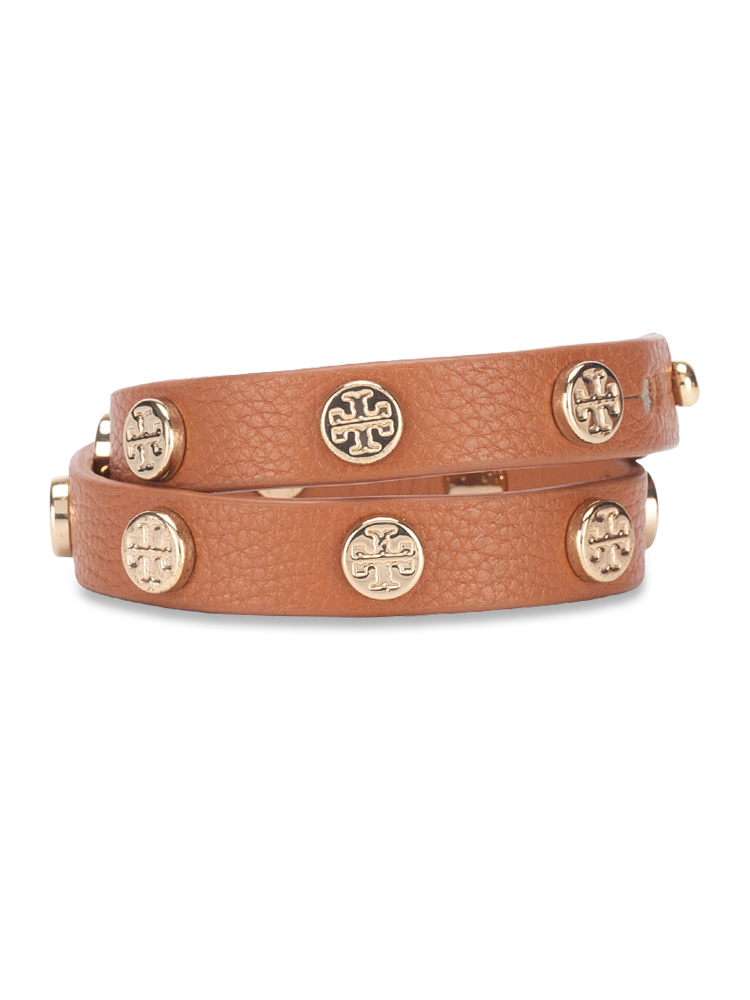 Leather Logo Stud Double Wrap Bracelet Brown