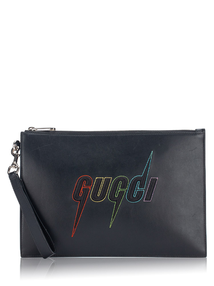Calfskin Embroidery Blade Wrist Pouch Black