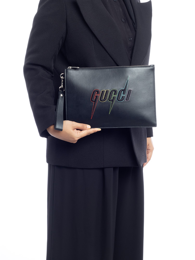 Calfskin Embroidery Blade Wrist Pouch Black