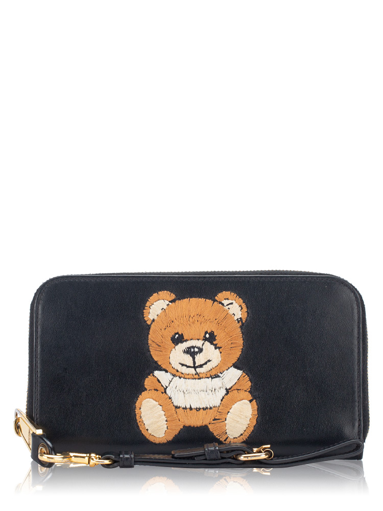 Teddy Bear Logo Embroidered Leather Wallet Black