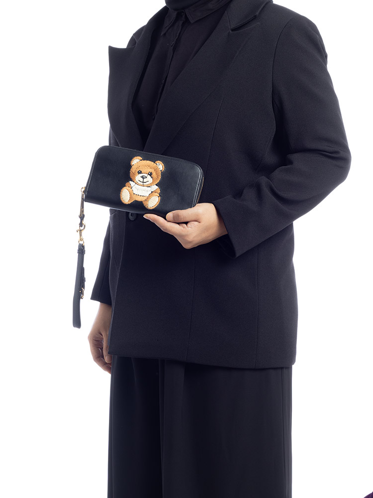 Teddy Bear Logo Embroidered Leather Wallet Black