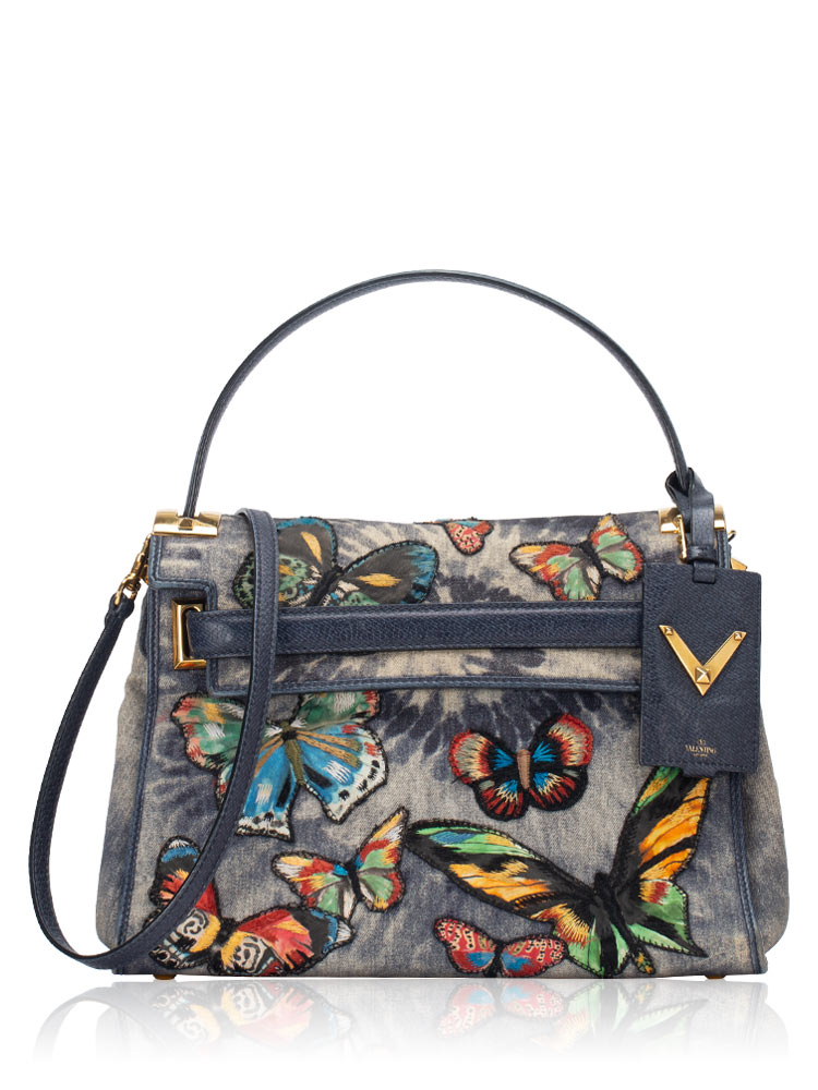 Denim Embroidered Butterfly My Rockstud Tote Blue