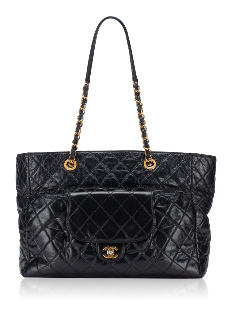 Glazed Calfskin Front Pocket Large Tote Black