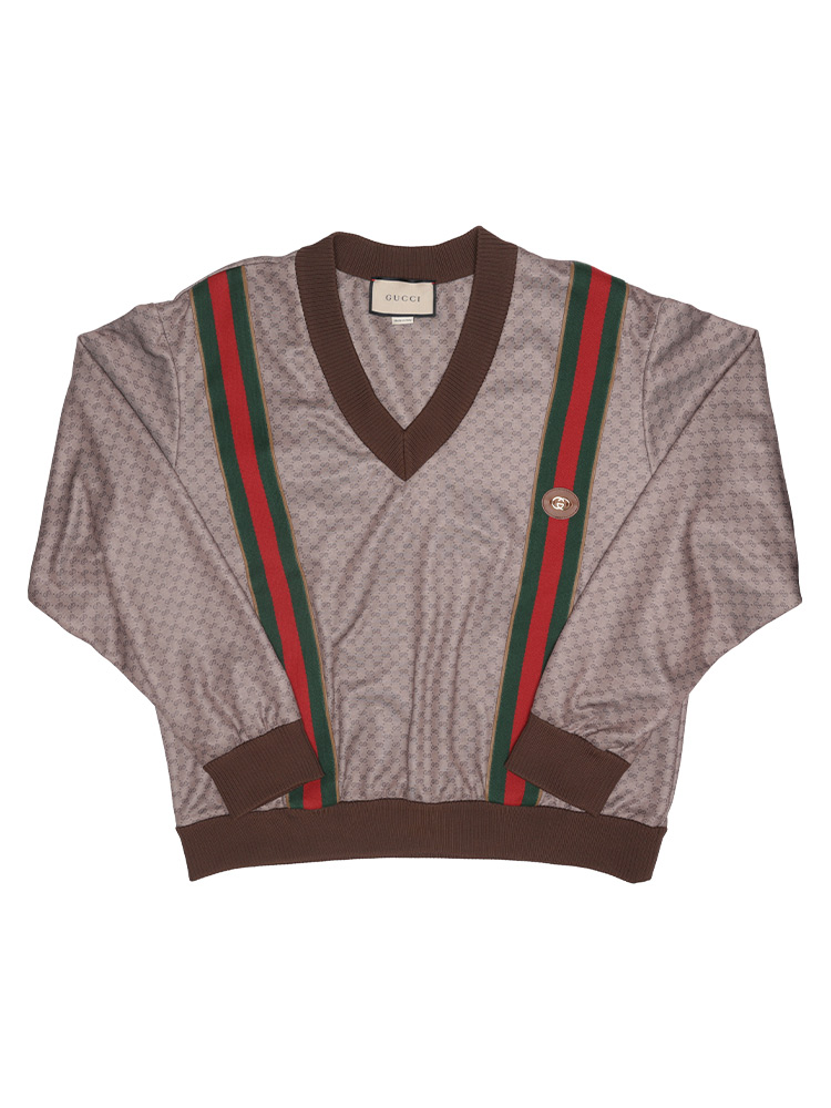 Technical Jersey Mini GG Web Baseball V-Neck Sweater Brown Sz L