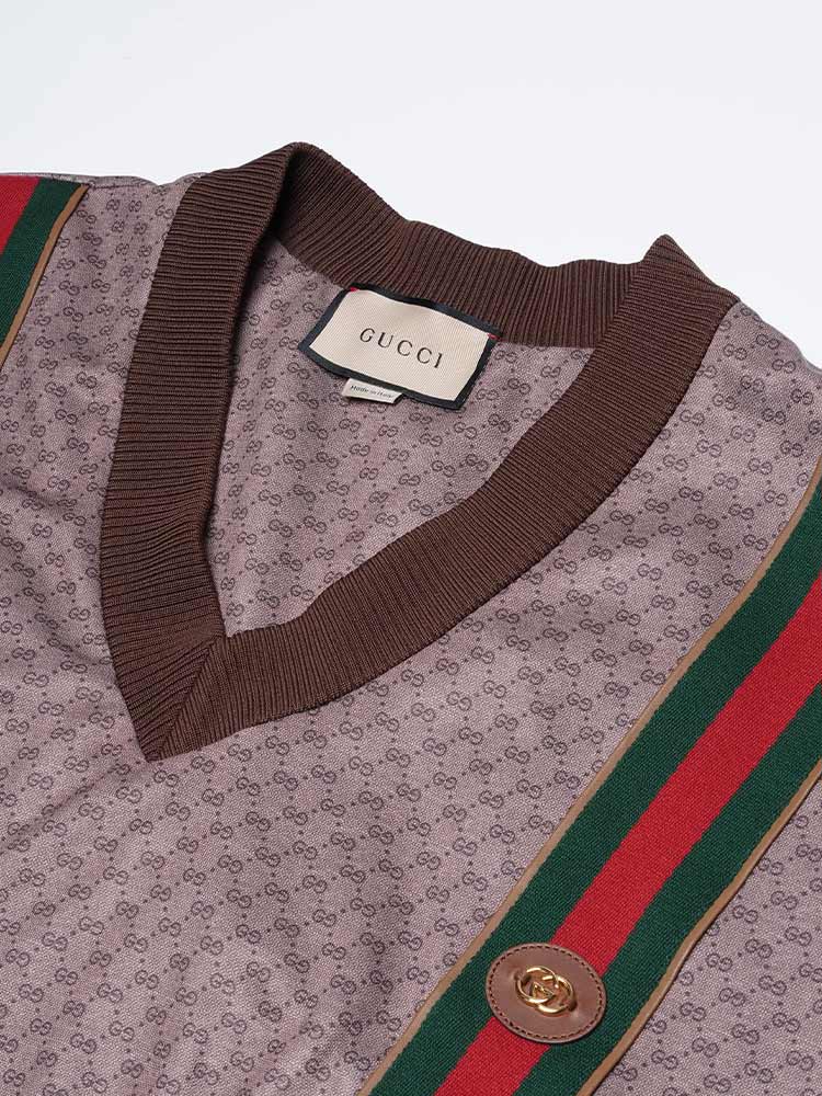 Technical Jersey Mini GG Web Baseball V-Neck Sweater Brown Sz L
