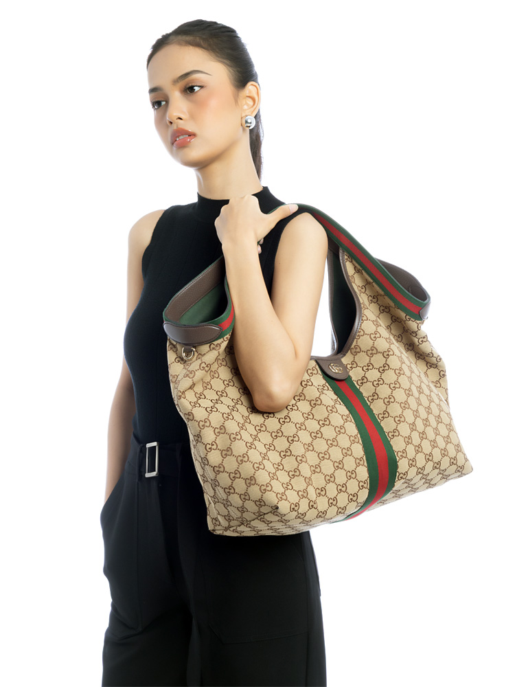 GG Canvas Web Giglio Large Tote Beige Ebony