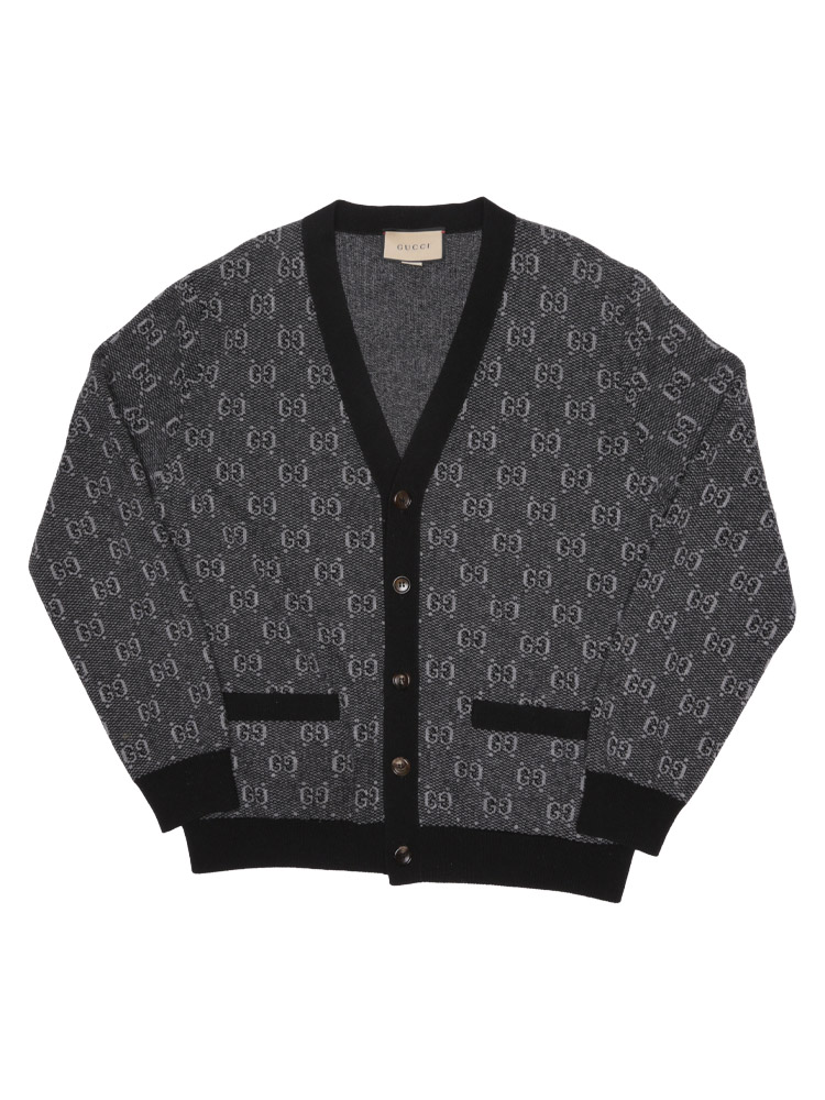 GG Wool Jacquard V-Neck Cardigan Grey Black Sz XL