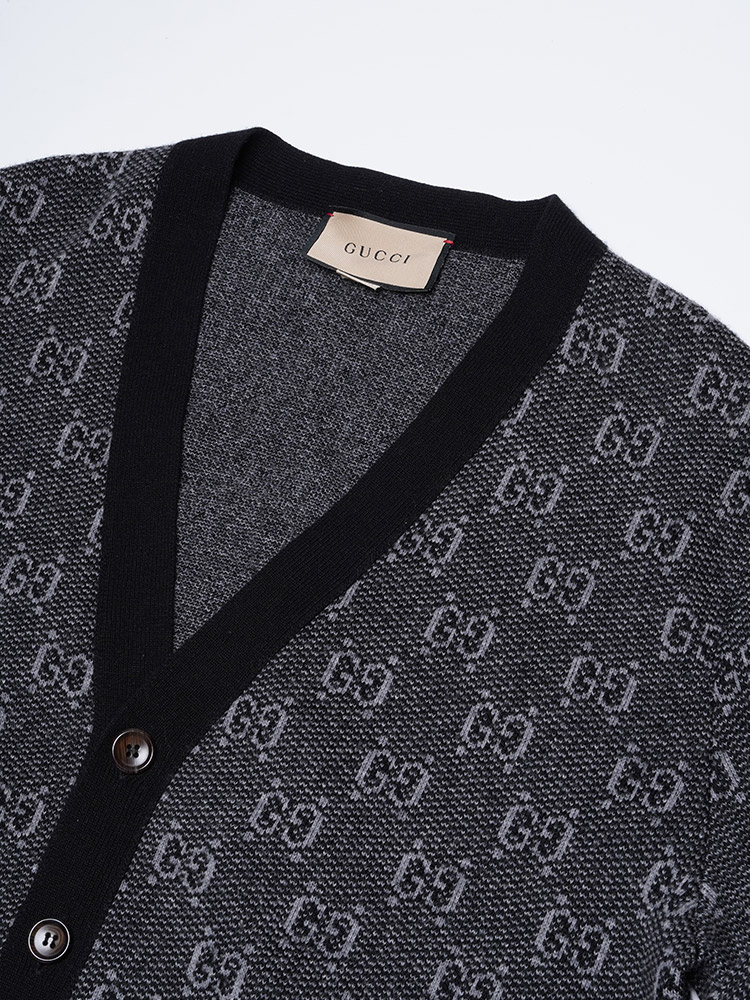 GG Wool Jacquard V-Neck Cardigan Grey Black Sz XL