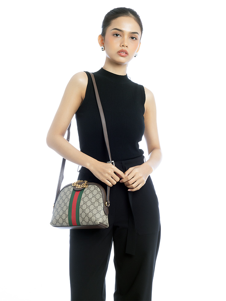 GG Supreme Web Ophidia Dome Small Shoulder Bag Beige Ebony